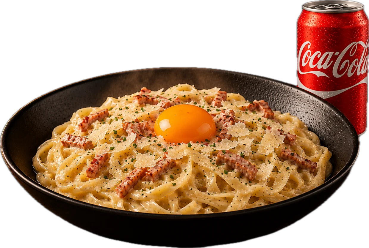 Formule pâtes : tagliatelles façon carbonara et une canette de soda